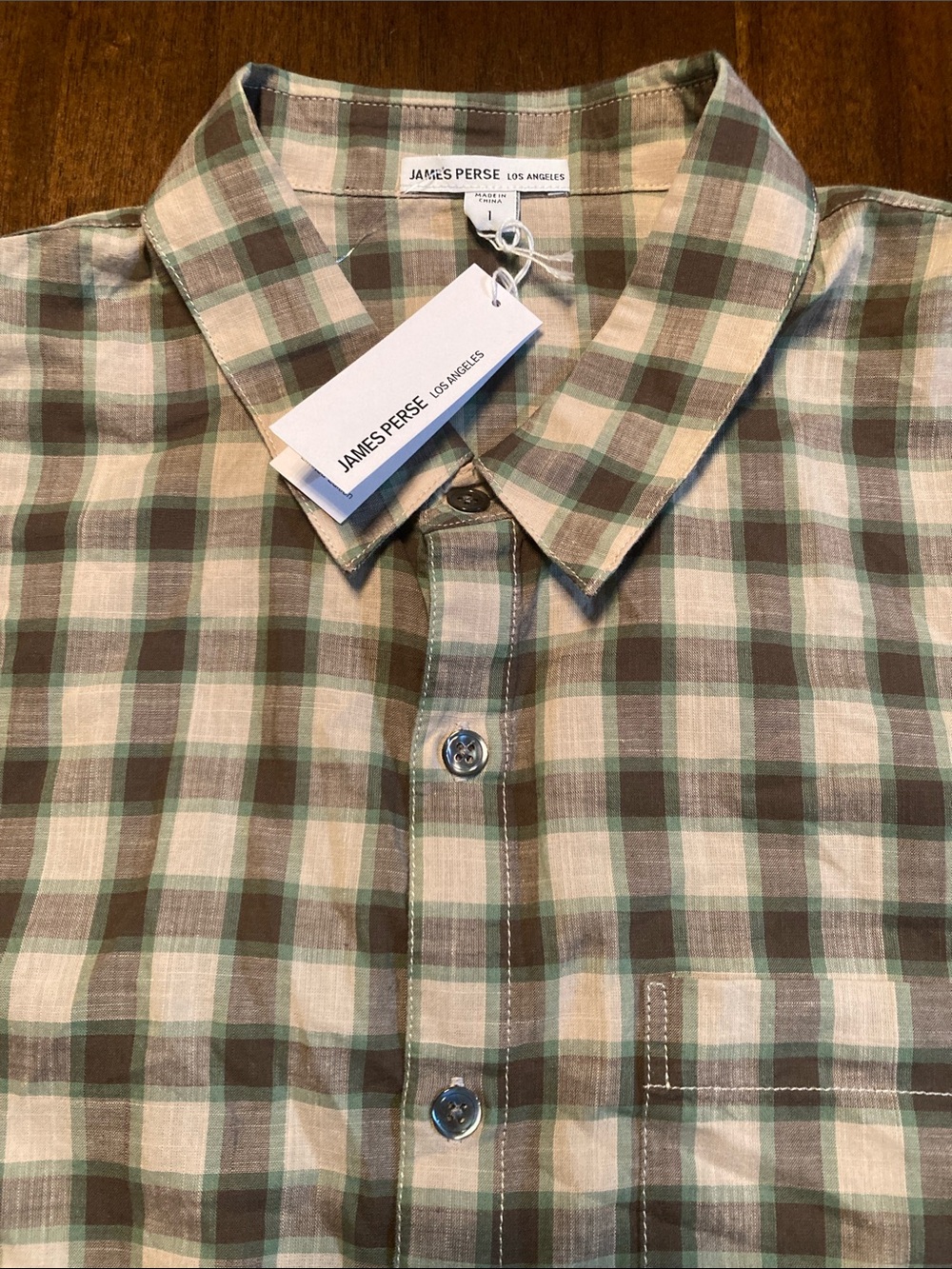 James Perse Green and Cream Plaid Button-Down Shirt